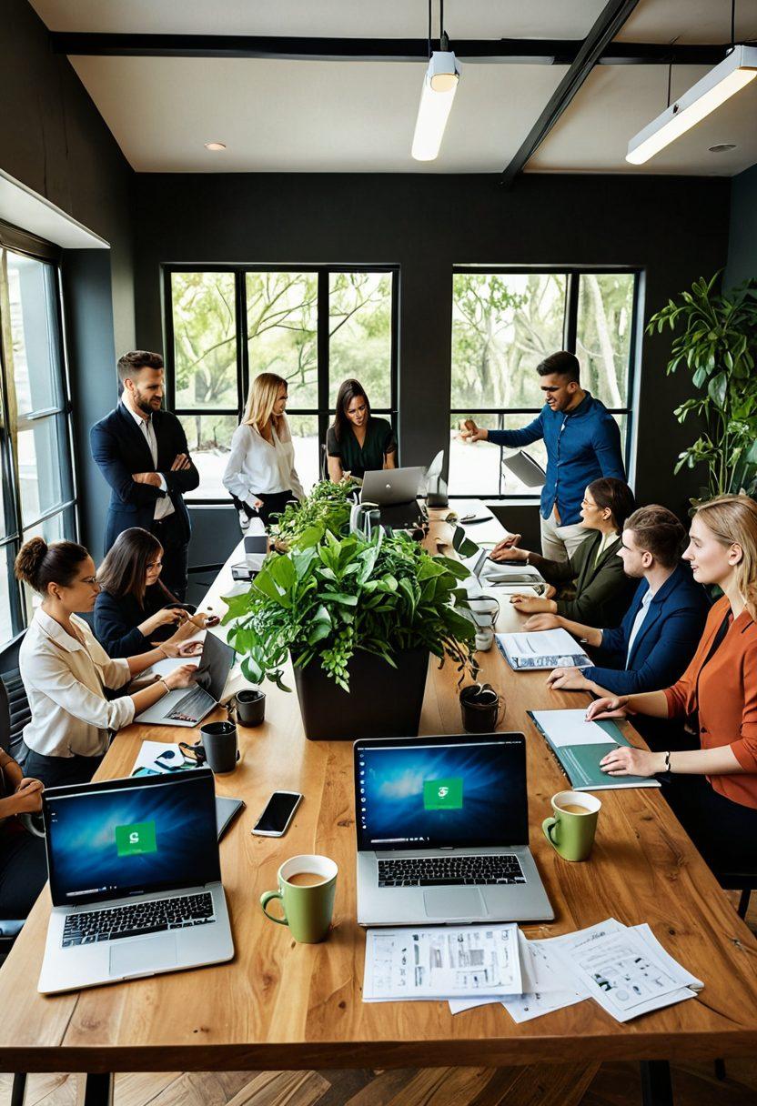 A dynamic scene depicting a diverse group of entrepreneurs collaborating over a large table filled with business plans, laptops, and coffee. Include elements representing growth, like upward arrows and greenery, symbolizing progress and scaling. The background should feature a modern office environment with large windows letting in natural light. Use vibrant colors to convey energy and positivity. super-realistic. bright and inviting atmosphere.