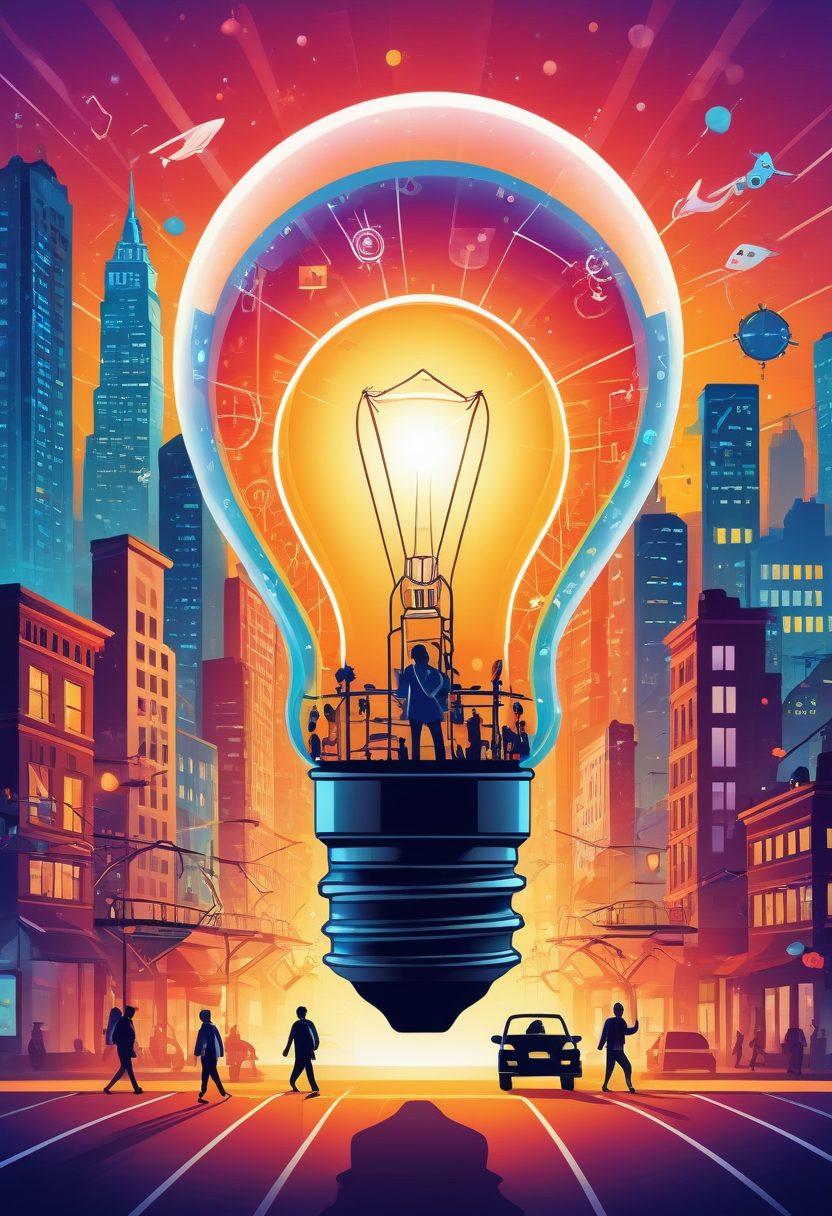 A dynamic path illustrating the journey of a startup, starting from a light bulb representing an idea, progressing through gears and tools symbolizing planning and execution, and culminating in a bright, thriving business with people celebrating success. The background features an abstract city skyline. vibrant colors. vector art.