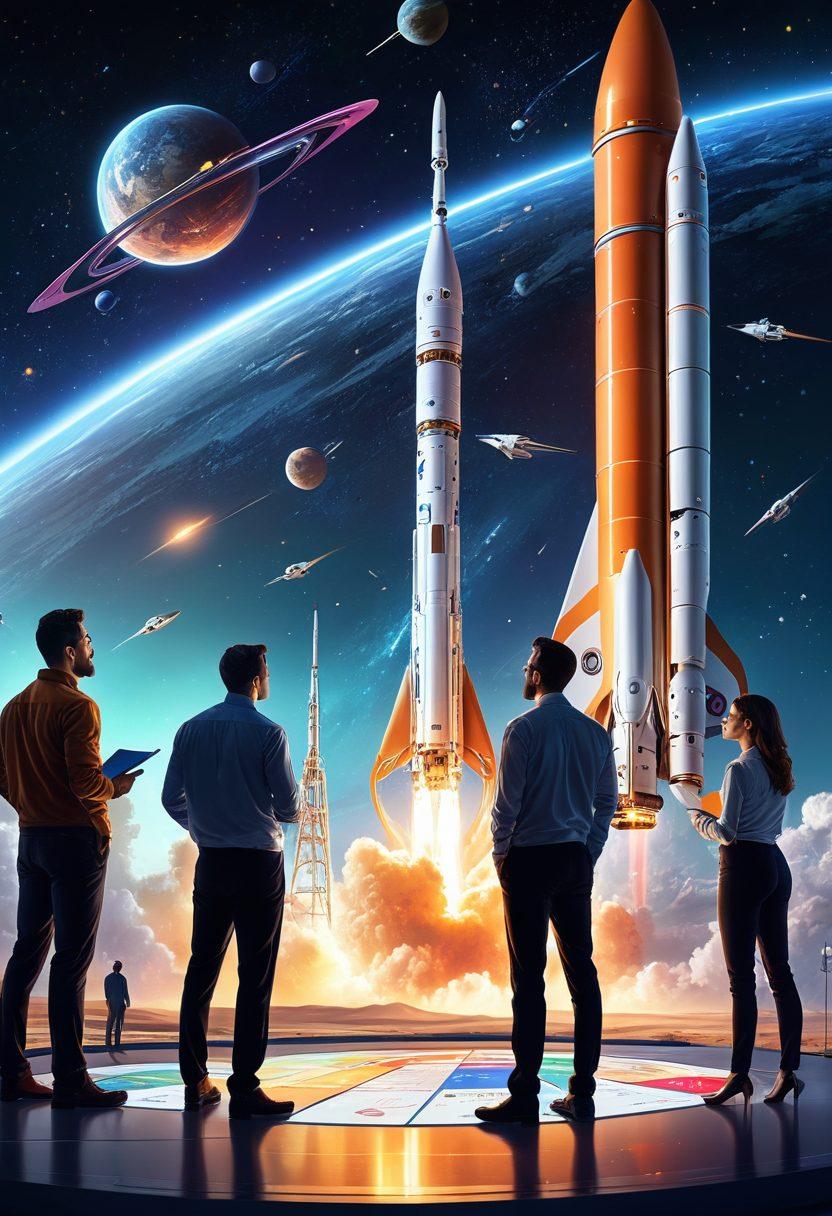 An inspiring scene depicting a diverse group of entrepreneurs gathered around a futuristic launchpad, brainstorming and collaborating on innovative ideas. The launchpad should have elements of space exploration, such as rockets and satellites in the background, symbolizing the journey from ideas to enterprises. Bright light beams representing creativity radiate from the group, showcasing their energy and enthusiasm. Include a sleek digital interface with graphs and projections in the foreground to represent thriving businesses. super-realistic. vibrant colors. futuristic.